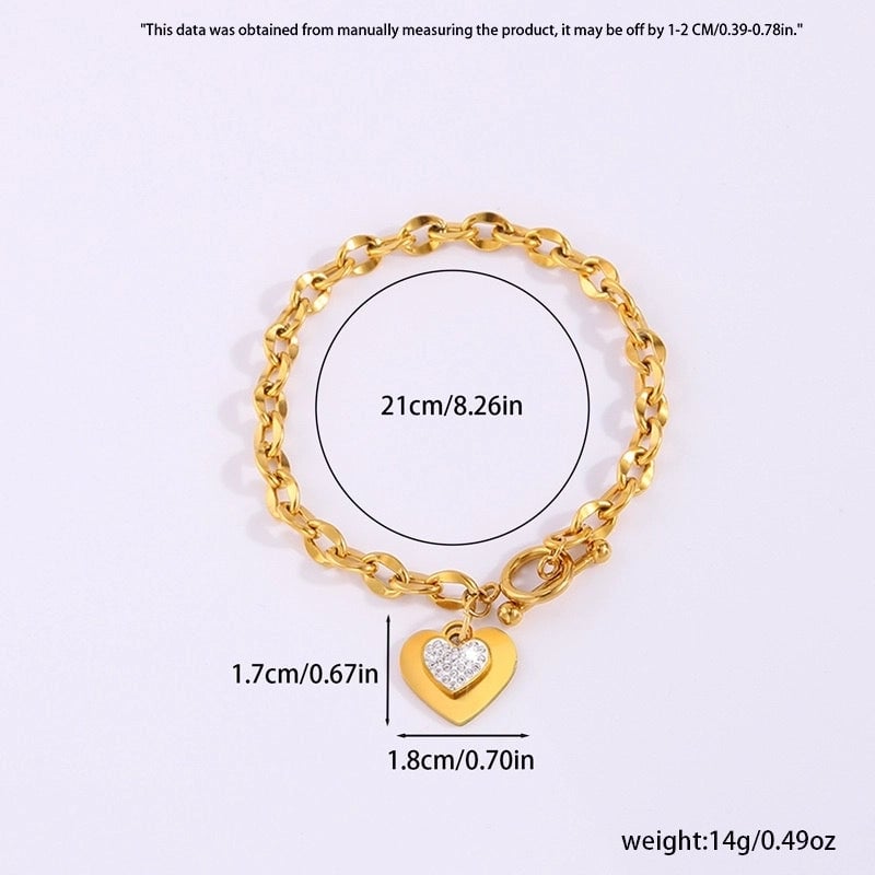 Luxurious Classic Style Shiny Heart Shape Titanium Steel 18K Gold Plated Artificial Rhinestones Bracelets In Bulk