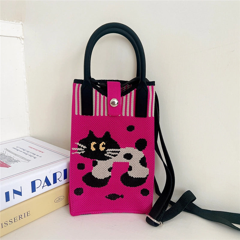 Women's Small Knit Cat Vintage Style Classic Style Bucket Buckle Handbag