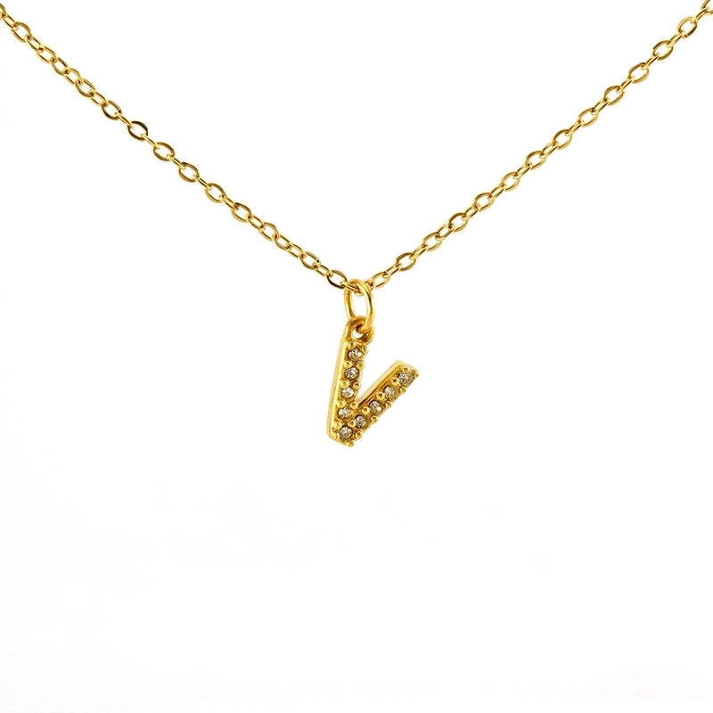 Minimalist Classic Style Letter Titanium Steel Zircon 18K Gold Plated Inlay Pendant Necklace