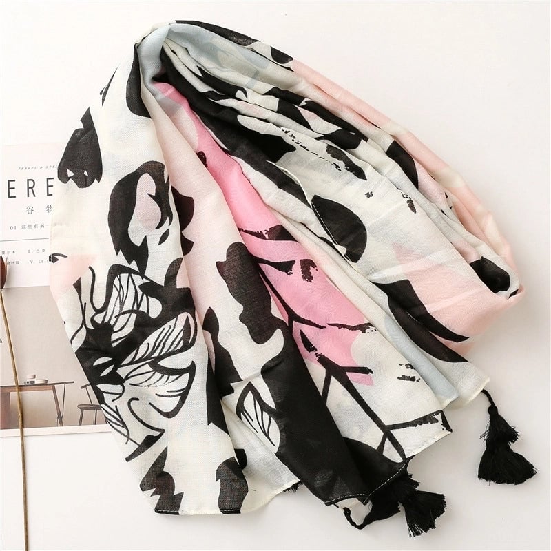 Tropical Plant Flower Printing Cotton And Linen Beach Towel Long Hanging Tassel Shawl