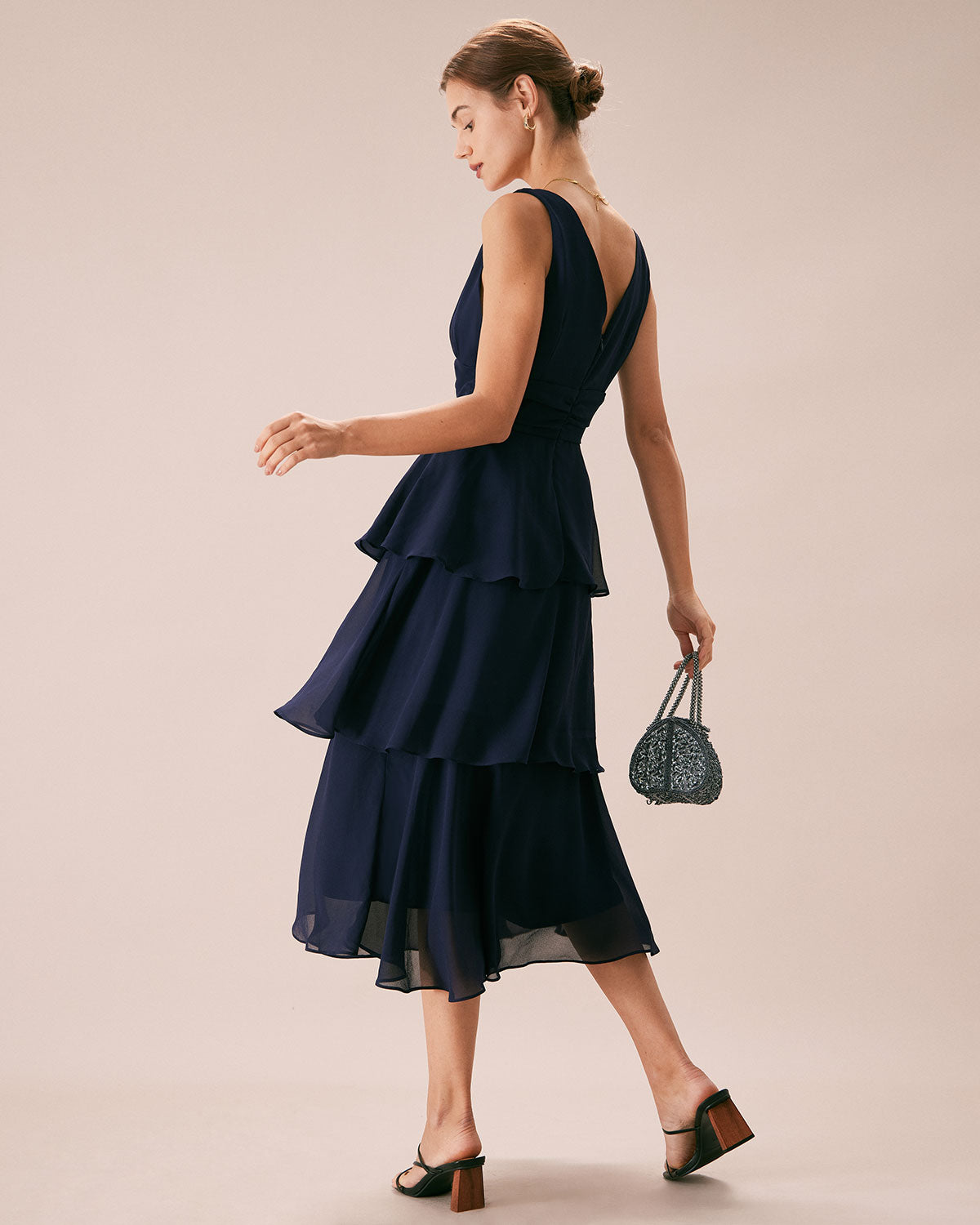 The Navy V Neck Ruffle Layered Midi Dress