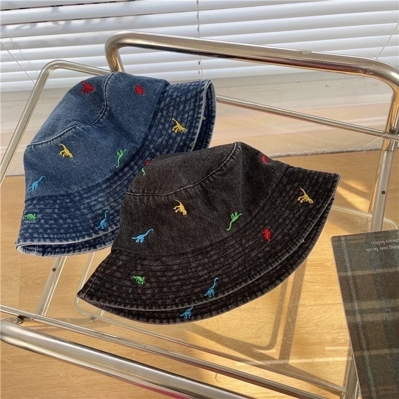 Women's Cute Basic Dinosaur Embroidery Wide Eaves Bucket Hat