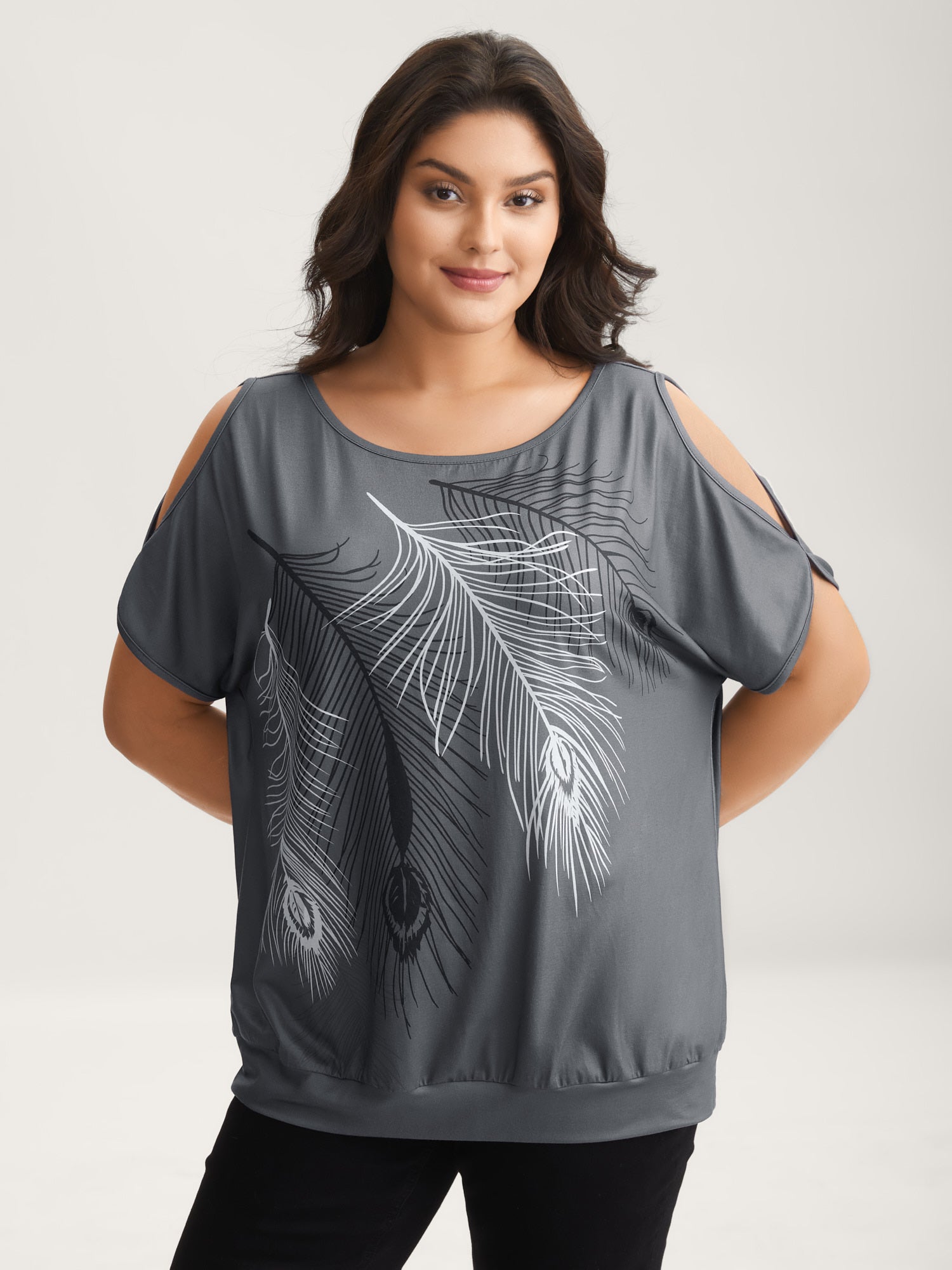 Stretchy Feather Print Cut-Out Sleeve T-Shirt