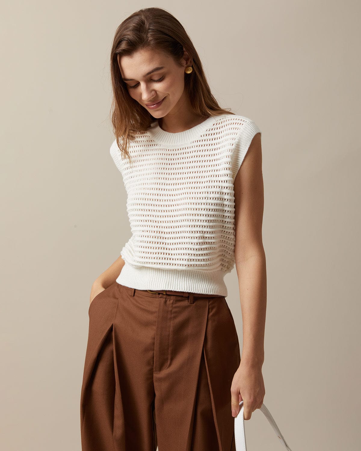 The Beige Sleeveless Pointelle Ribbed Knit Vest