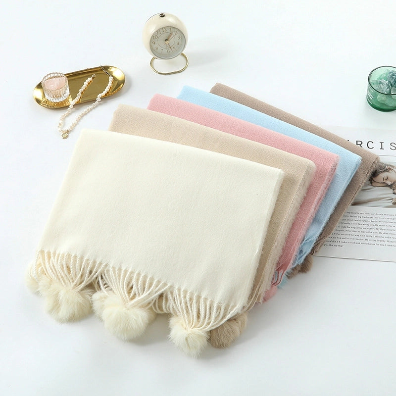 Cashmere Scarf Women's Winter New Imitation Cashmere Scarf Fur Ball Shawl Thickened Solid Color Wool Scarf