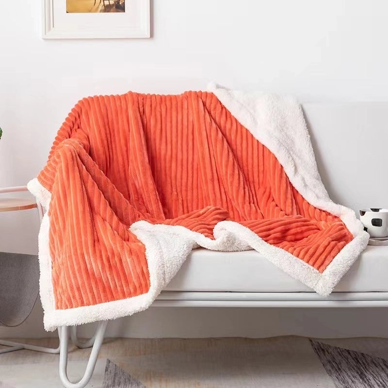 Plain Double Layer Lambskin Blanket Summer Flannel Blanket Striped Pattern Sofa Blanket Casual Nap Air-conditioning Blanket