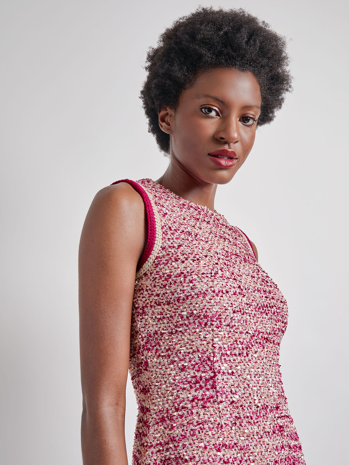 A-Line Boucle Crochet Trim Mini Knit Dress - Vanity Fit