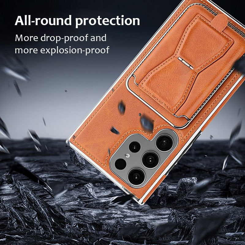 Antilekhoesje voor mobiele telefoon met volledig oppervlak. gemaakt van echt leer (Samsung Galaxy S23 S24 Plus Ultra) met magnetische kaarthouder