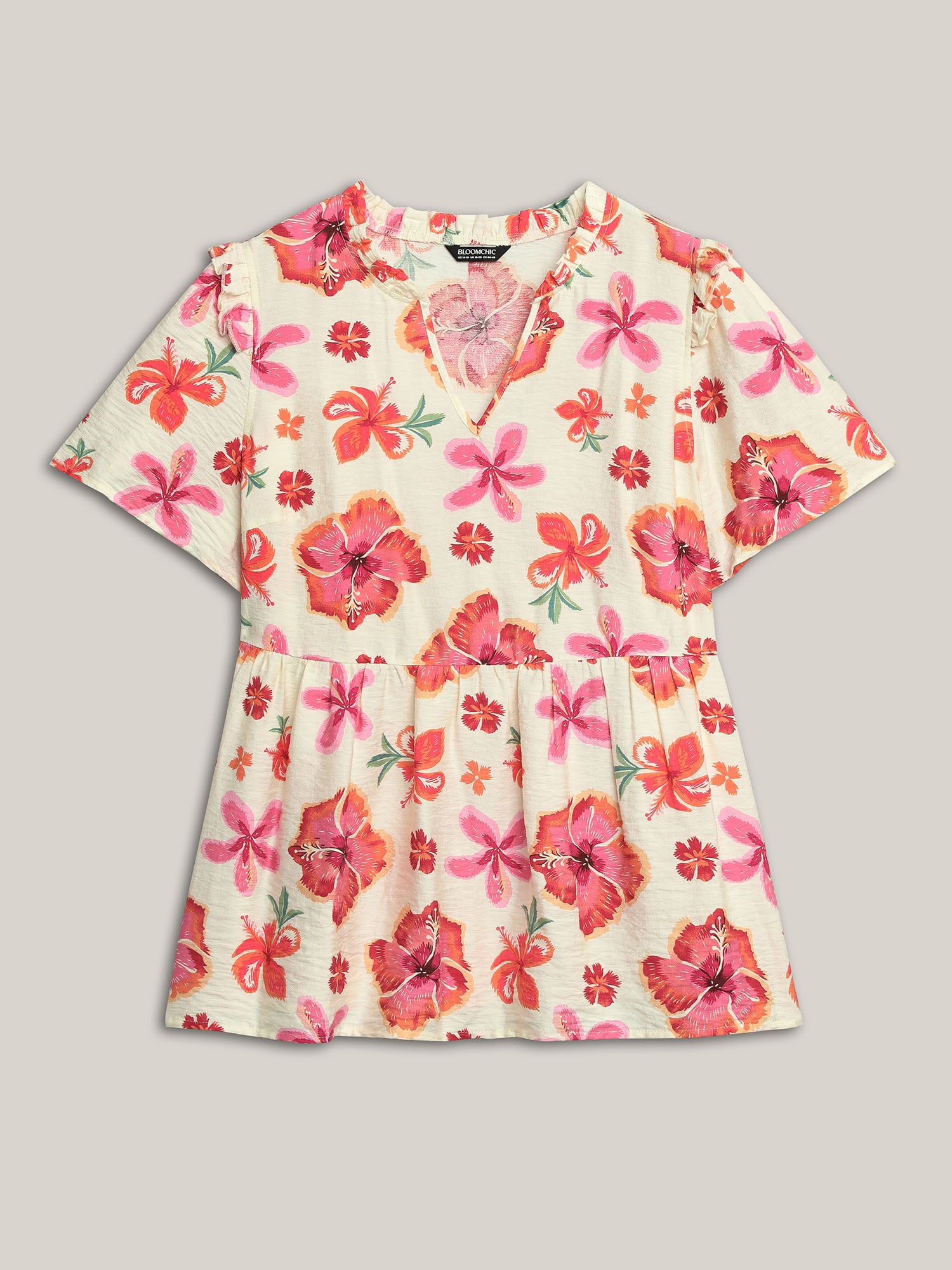 Large Floral Print Notched Collar Blouse