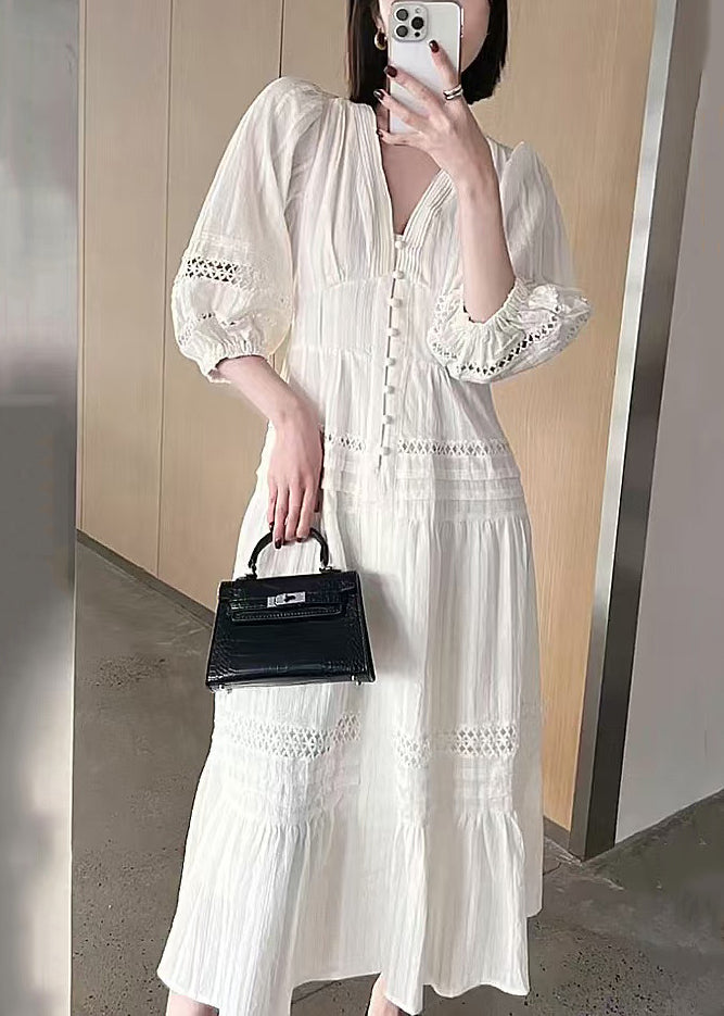 French White V Neck Hollow Out Cotton Dress Bracelet Sleeve