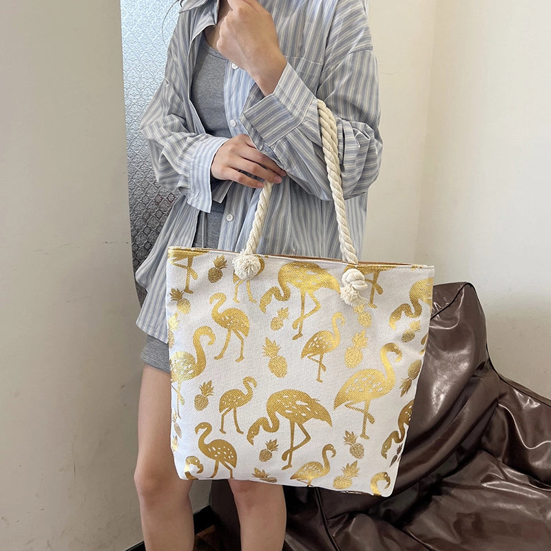 Women's Large Canvas Leaves Polka Dots Flamingo Streetwear Sewing Thread Square Zipper Tote Bag