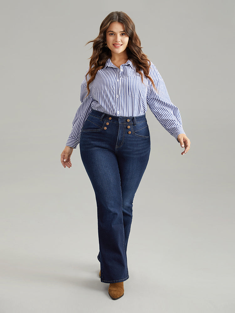 Flare Leg Button Detail High Rise Jeans