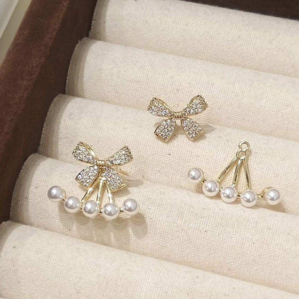 KOREAN LUXURY ZIRCON BOW STUD EARRINGS FOR WOMEN. PEARL BOW KNOT JEWELRY