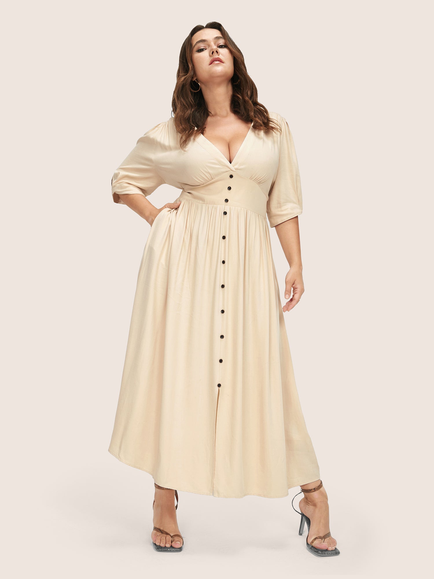 Plunging Neck Button Detail Pocket Maxi Dress