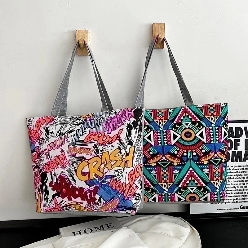 Women's Streetwear Color Block Flower Canvas Shopping Bags