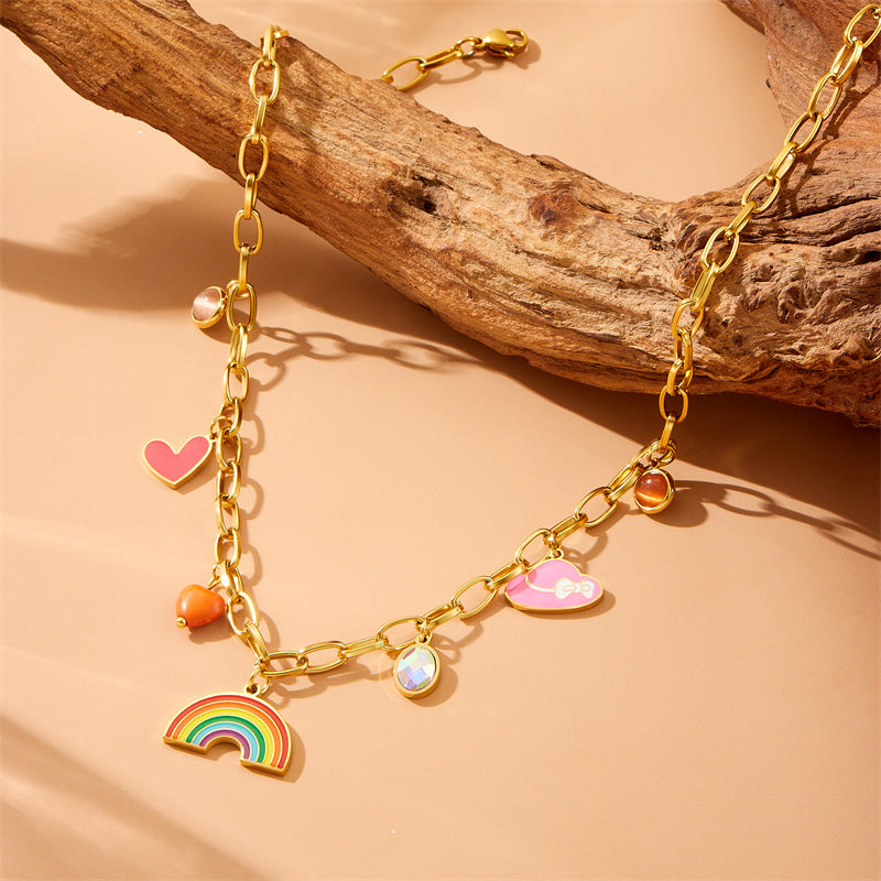 Fashion Colorful Dopamine Oil Drop Rainbow Flower Accessories Pendant Eye Butterfly Chain Stainless Steel Necklace