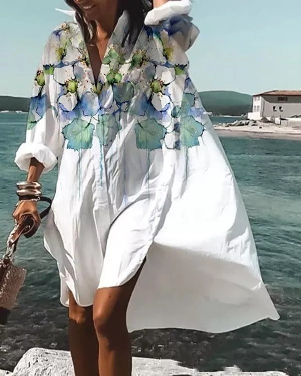 Vestido camisero floral de manga larga para mujer con cuello en V