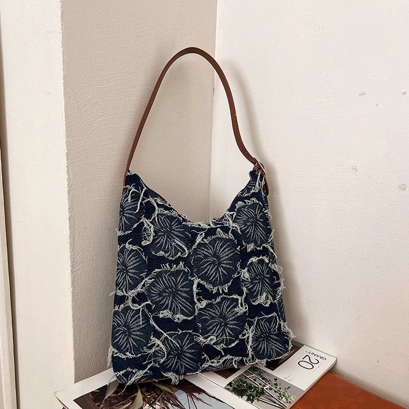 Women's Large Denim Flower Basic Square Zipper Shoulder Bag