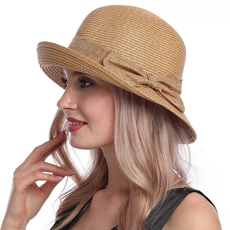 Women's Casual Retro Solid Color Bowknot Crimping Straw Hat
