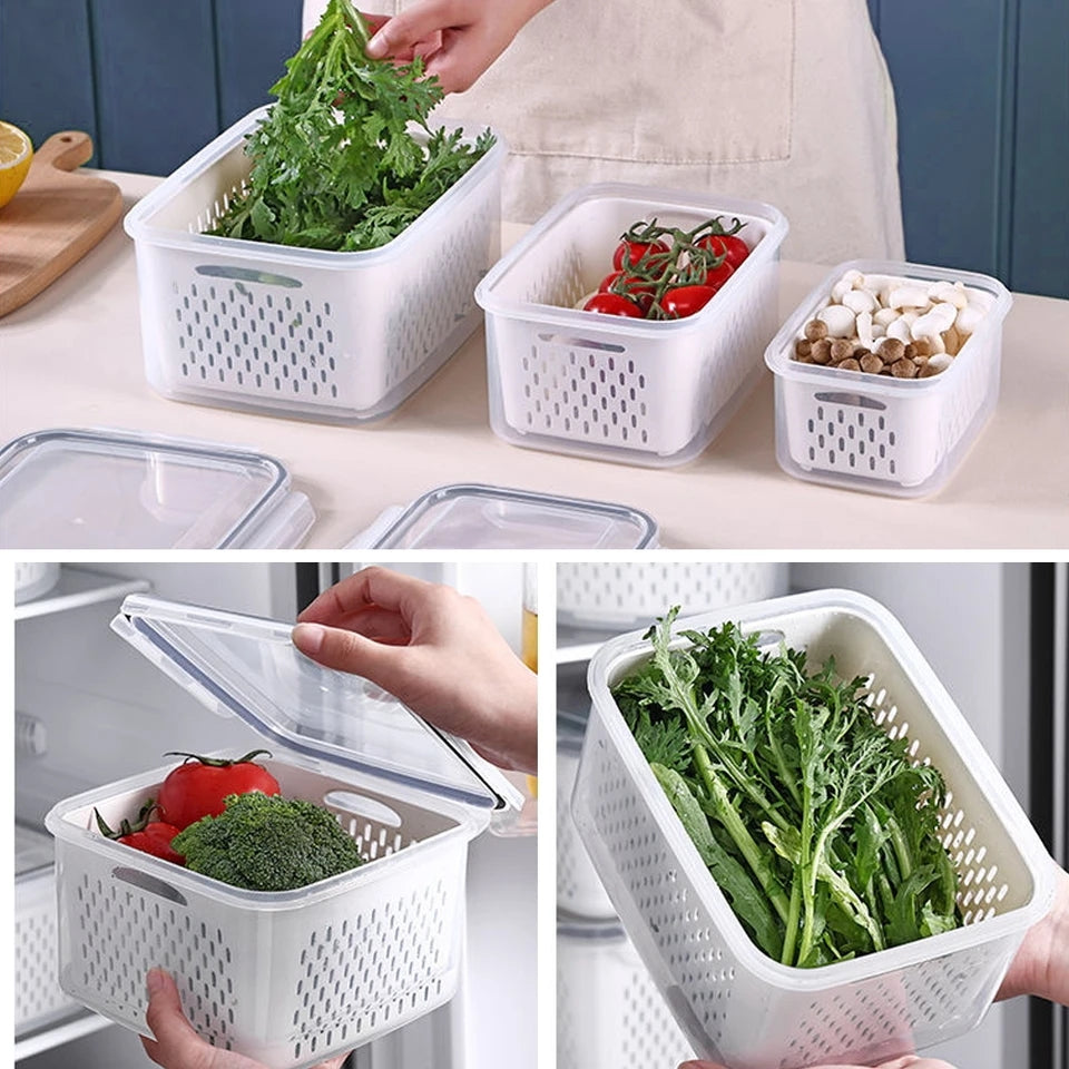 PACK OF 3 FOOD PRESERVATION BOX WITH DRAIN BASKET