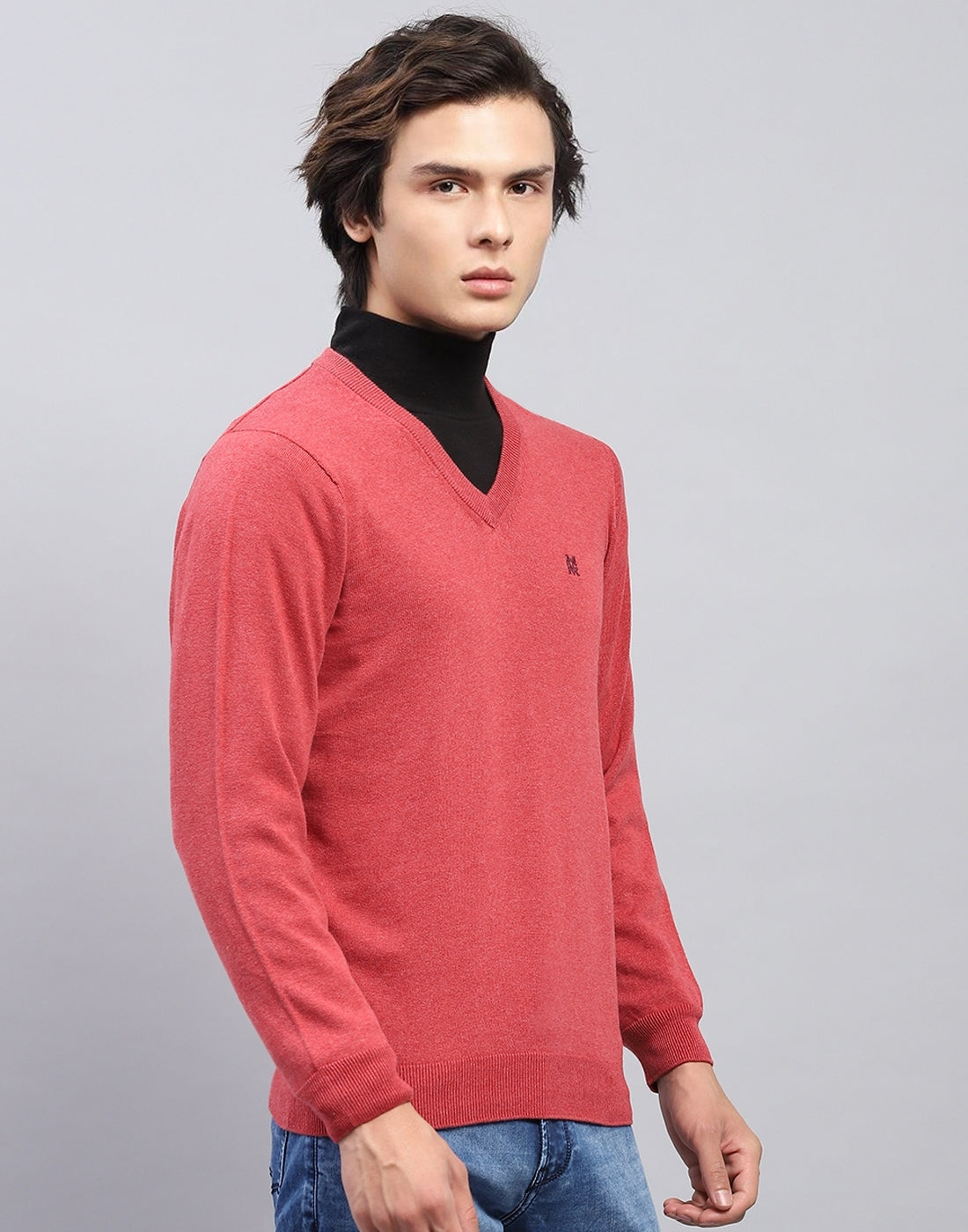 Men Pink Solid V Neck Full Sleeve Pullover