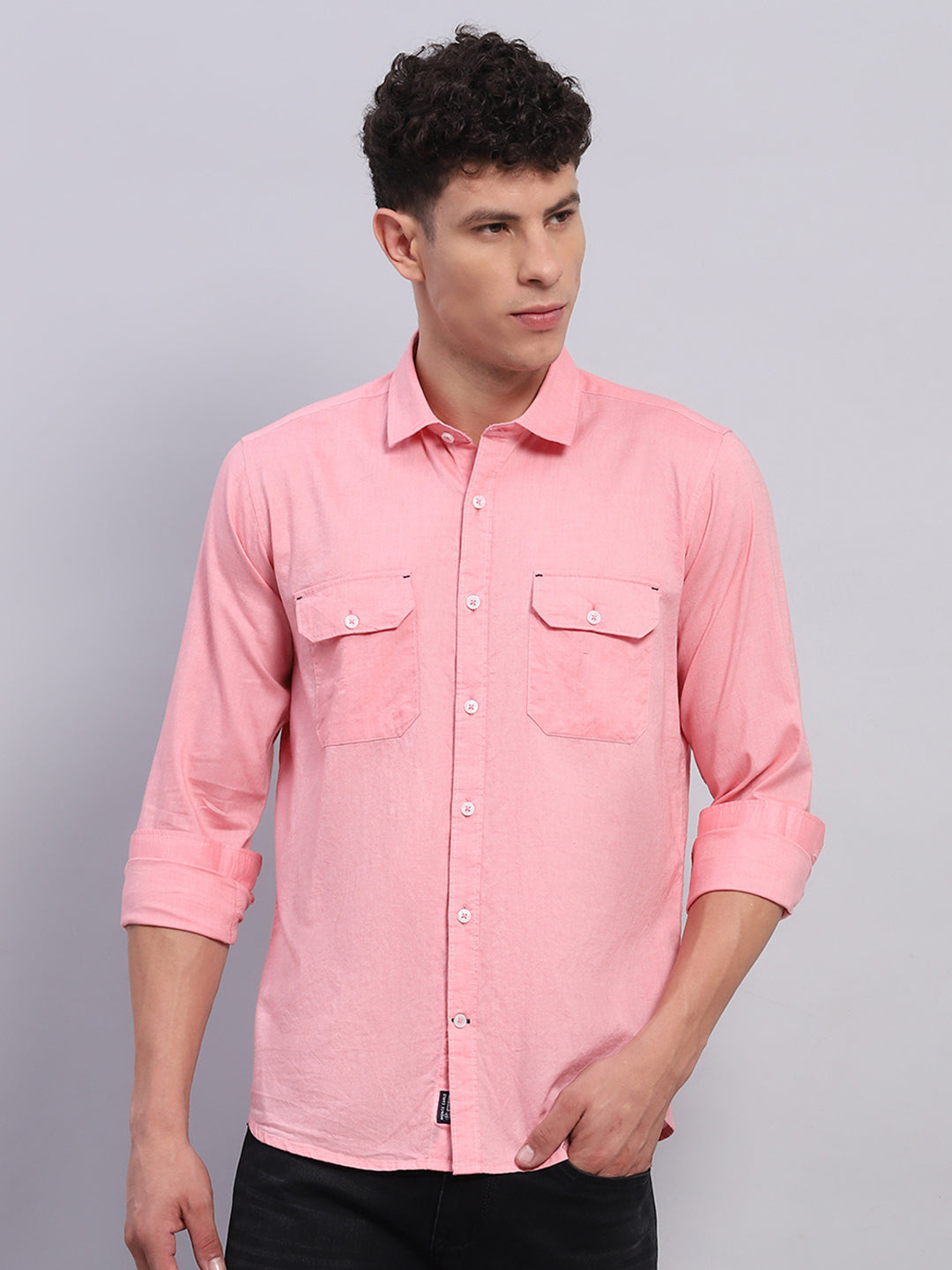 Men Pink Solid Collar Full Sleeve Shirt