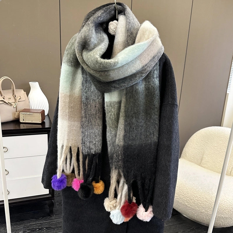 New Rainbow Stitching Dyed Plaid Scarf Women's Winter Atmosphere Long Style Thickened Tassel Scarf