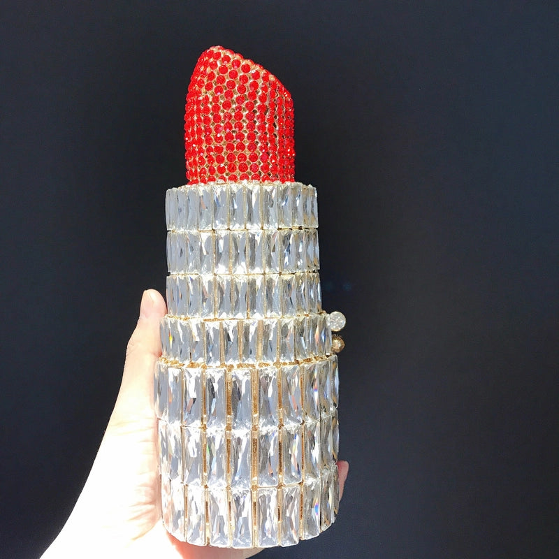 New Lipstick Diamond Evening Bag Banquet Full Diamond Hand Lipstick Women's Bag Rhinestone Chain Clutch