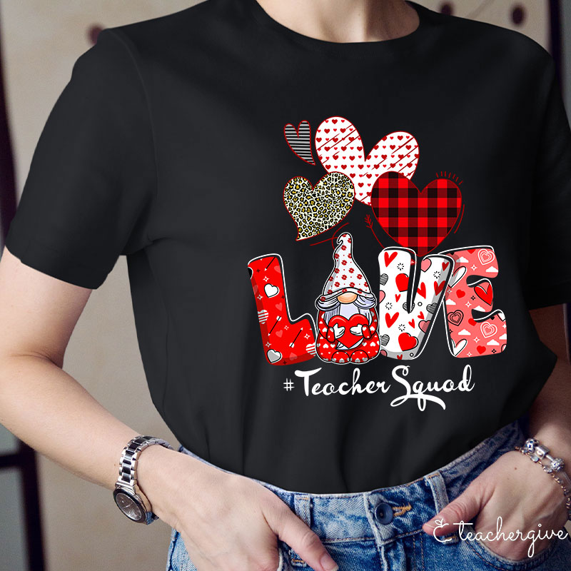 Three Hearts Love Gnome Teacher T-Shirt