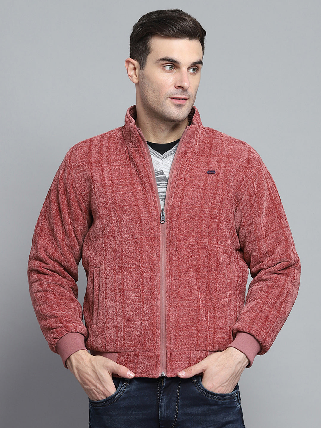 Men Pink Solid Mock Neck Full Sleeve Jacket