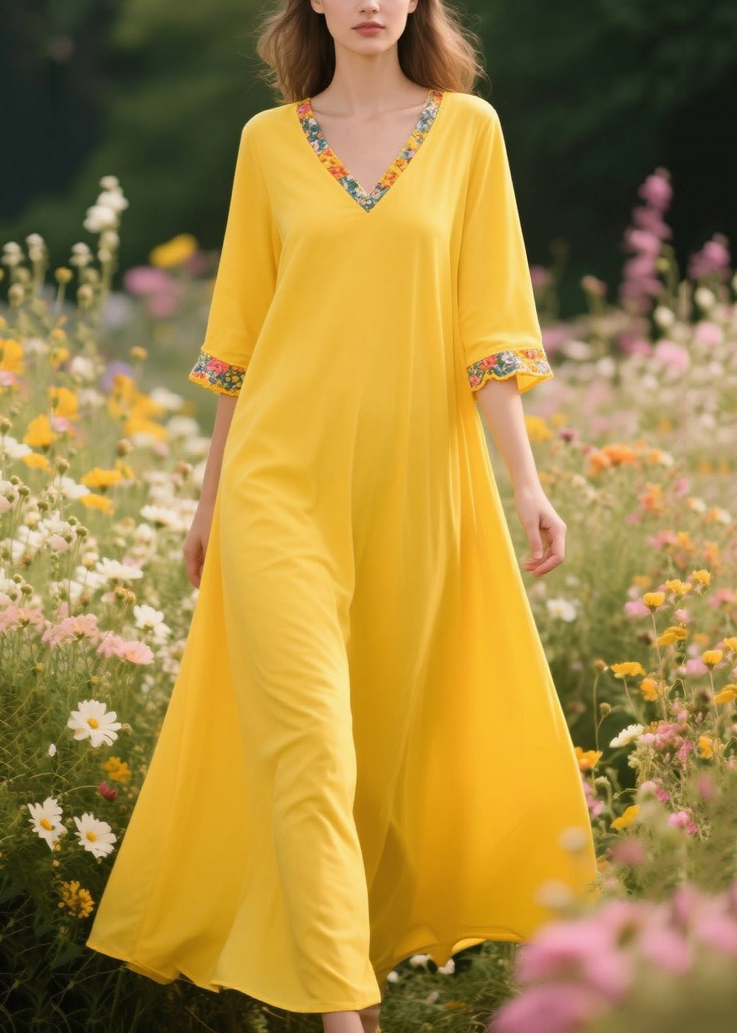 Casual Yellow V Neck Patchwork Cotton A Line Dress Summer