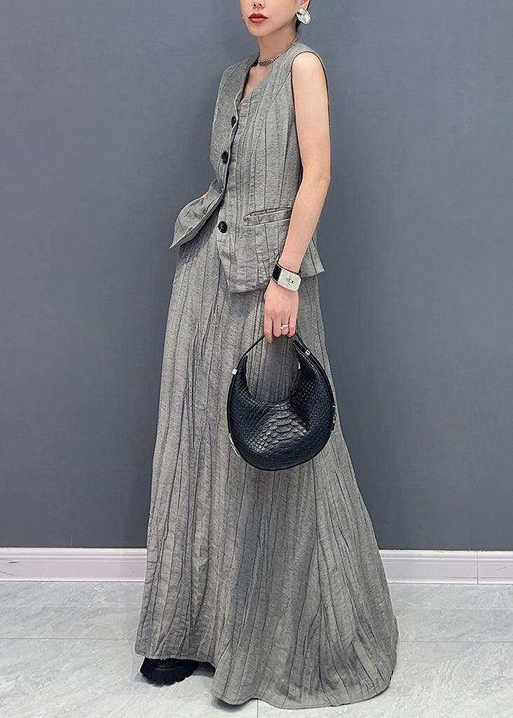 Boutique Grey V Neck Waistcoat And Skirts Two Pieces Set Sleeveless Summer