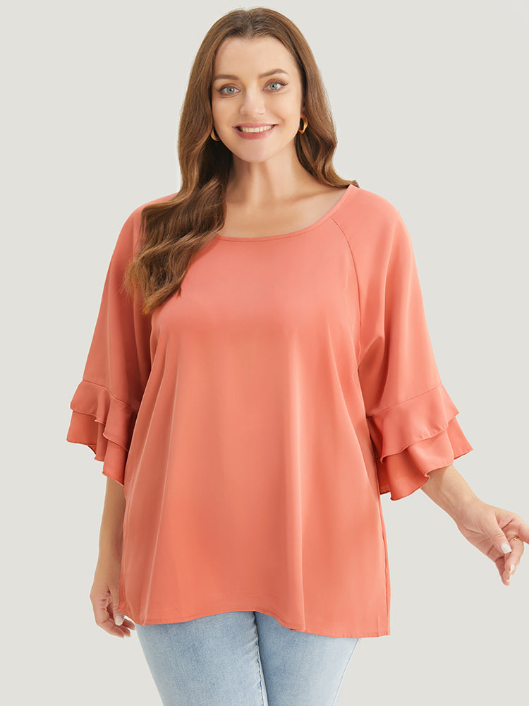 Plain Ruffle Tiered Round Neck Blouse