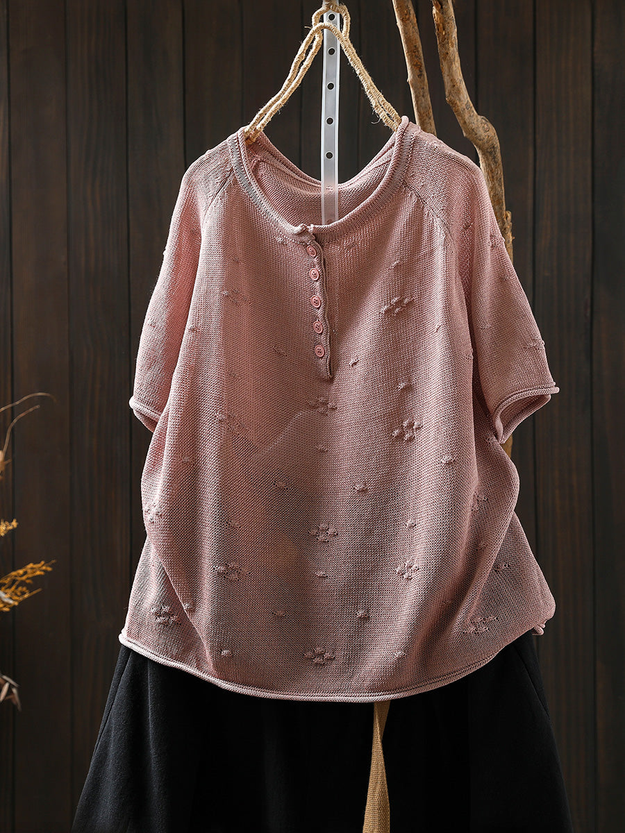 Women Summer Casual Jacquard Knitted O-Neck Shirt