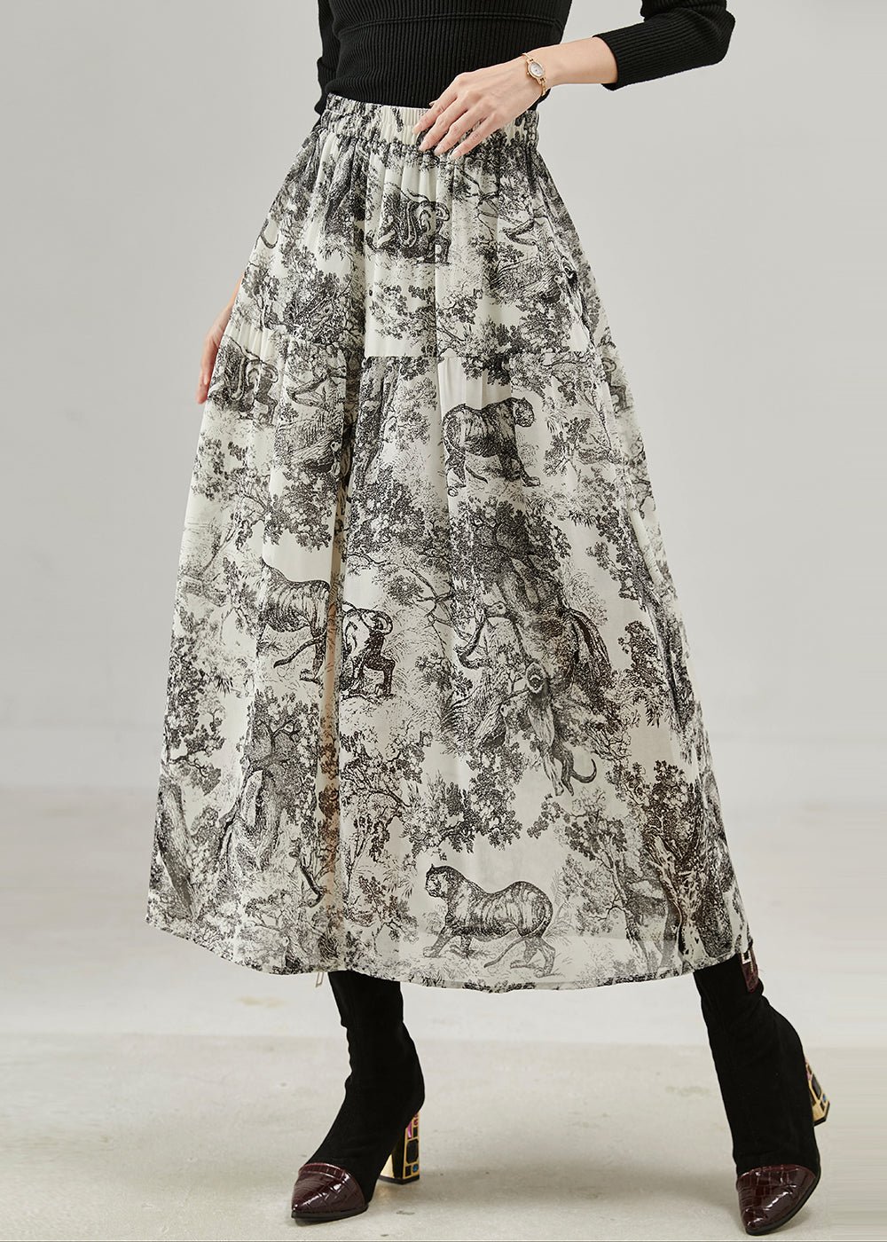 Vintage Black Print Cotton A Line Skirts Spring