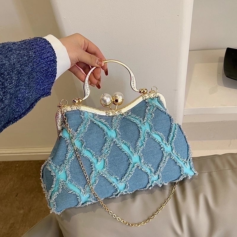 Women's Denim Geometric Elegant Vintage Style Shell Lock Clasp Shoulder Bag Handbag Crossbody Bag