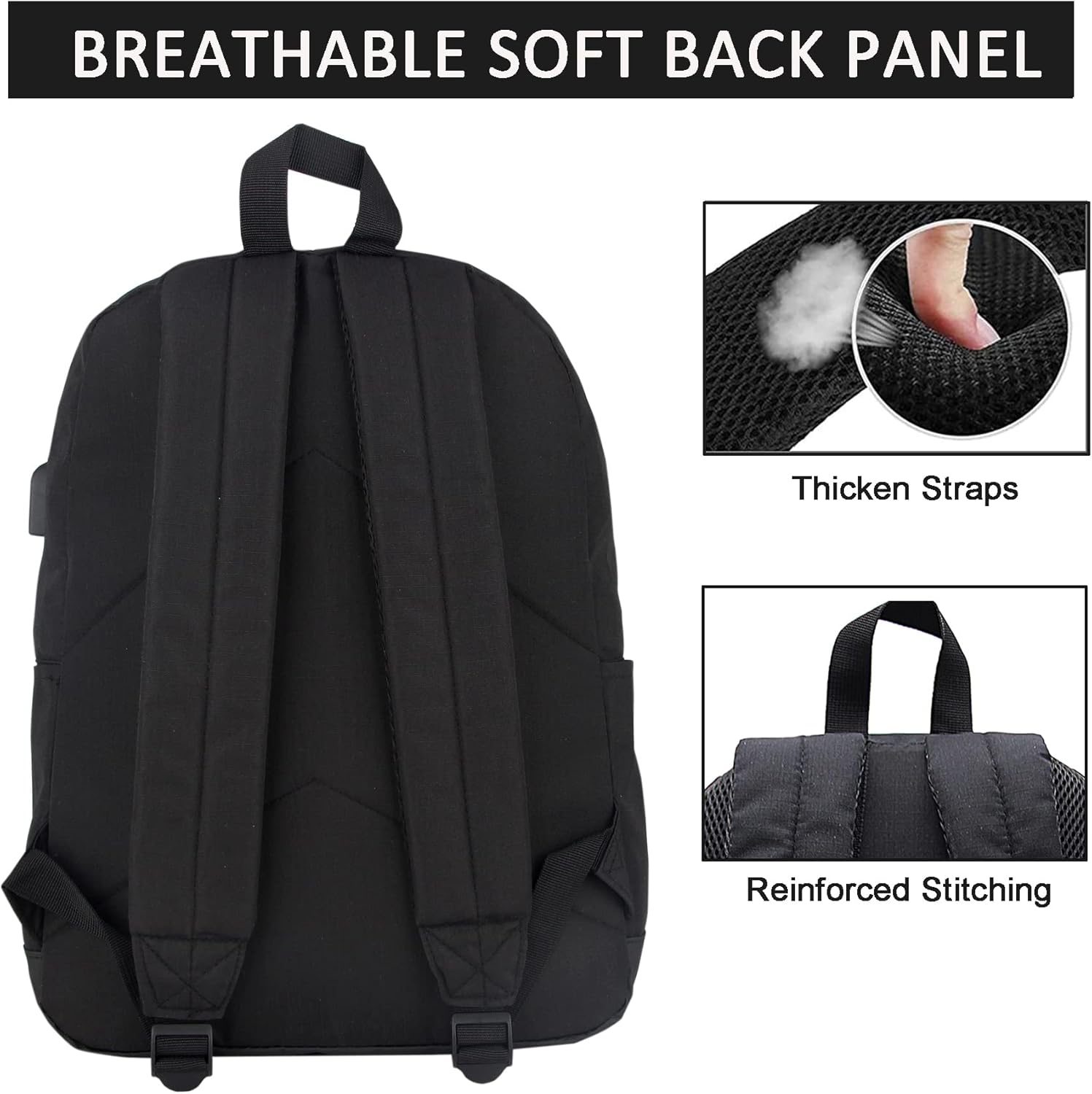 SUPACOOL Casual Laptop Backpack for Men and Women, School Backpack for Boys and Girls, College Bookbag, USB Charging Port, Lightweight Back Pack(Black)