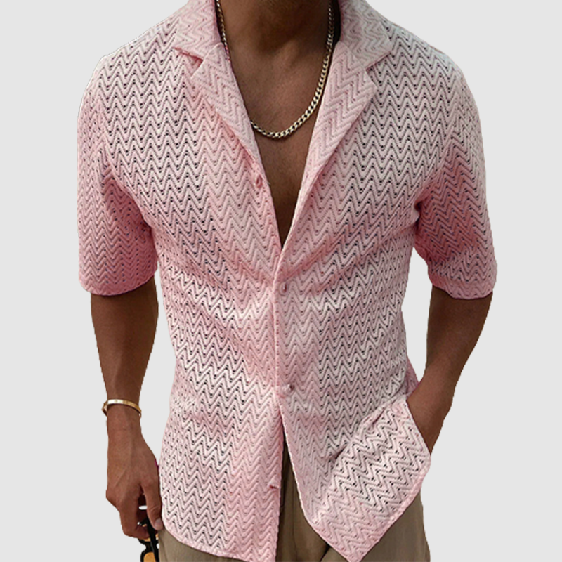 6-Pack Men's summer hollowed-out sweater solid color lapel short sleeve knit shirt