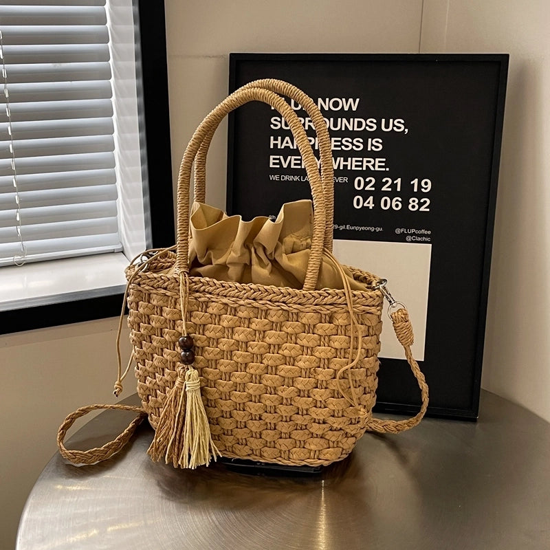 Women's Medium Straw Solid Color Beach Classic Style Bucket String Crossbody Bag