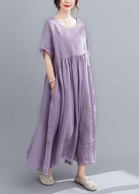 Natural Purple Pockets Short Sleeve Robe Cotton Linen Dresses