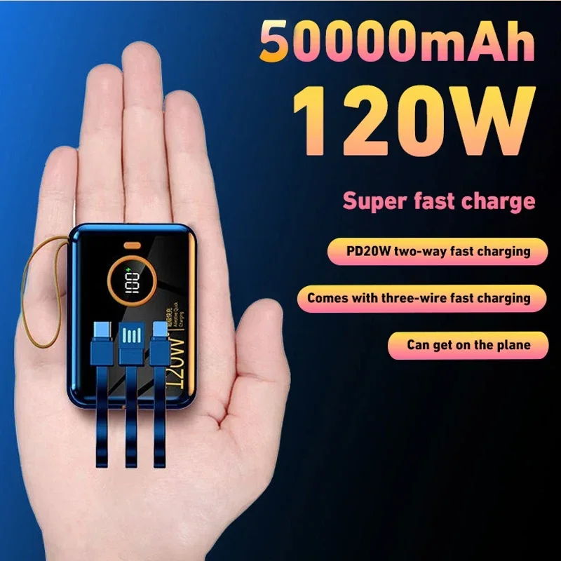 120W Power Bank 50000mAh Portable Large Capacity Mobile Power Supply with USB-c Lightning Cable For IPhone13 14 15 Xiaomi Huawei