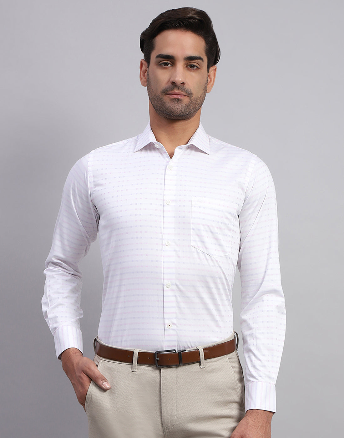 Men White Self Design Collar Full Sleeve Shirt