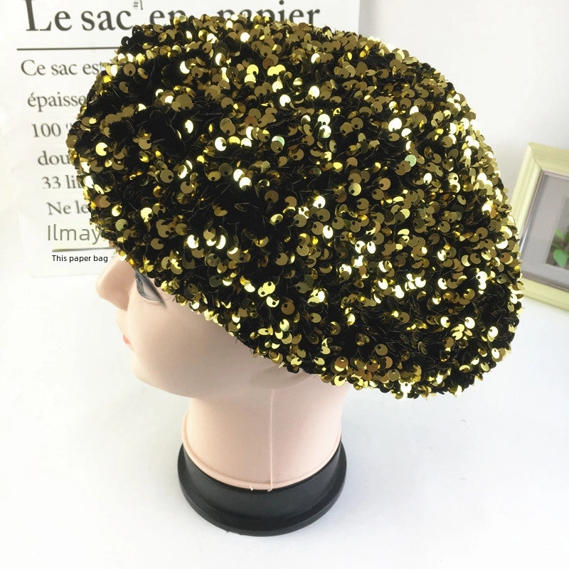 Korean Style Fashion Net Red Gold Velvet Sequined Beret Women's Autumn And Winter Fashion Temperament Painter Hat Beret