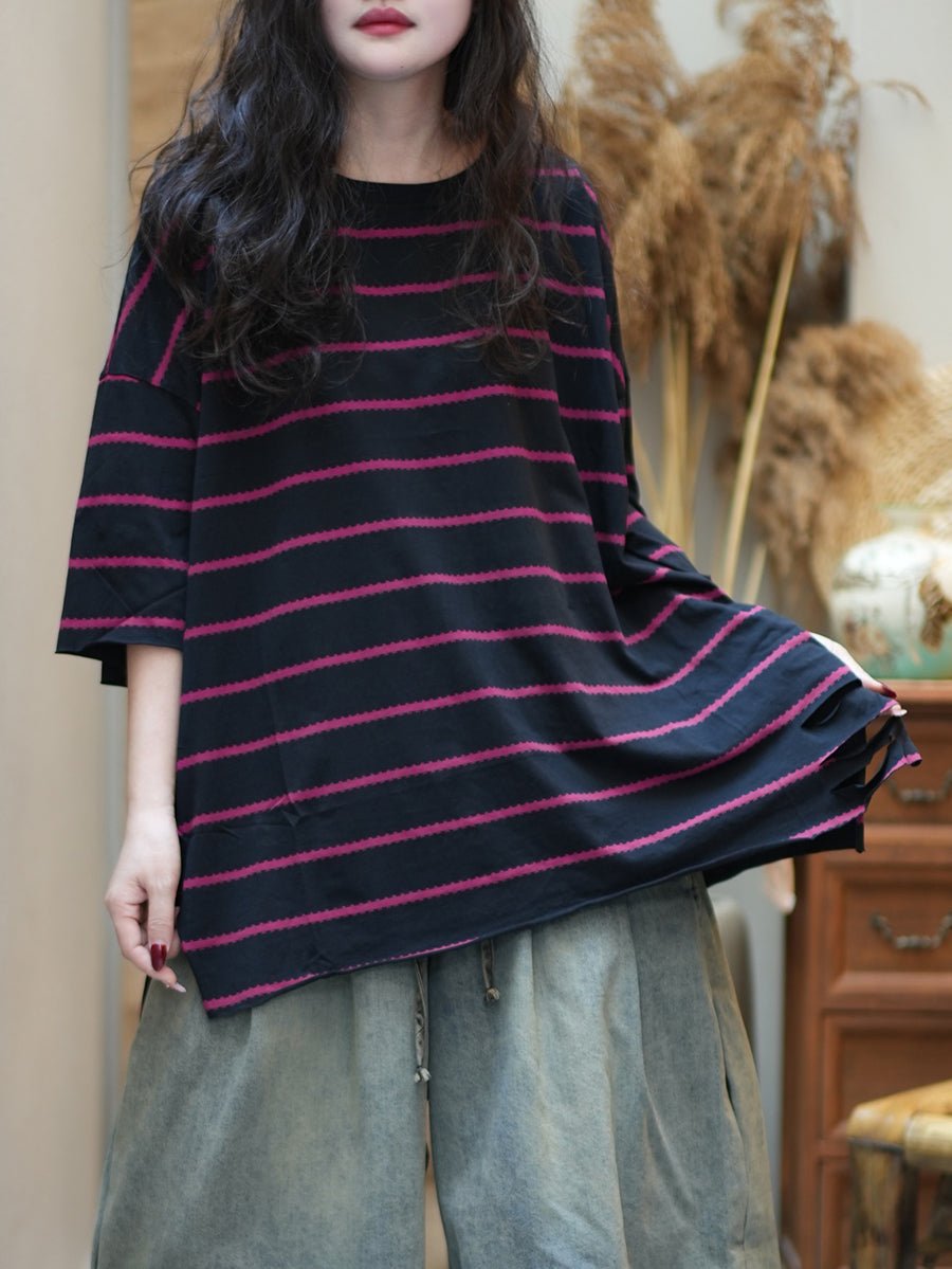 Women Summer Casual Stripe Cotton O-Neck Shirt