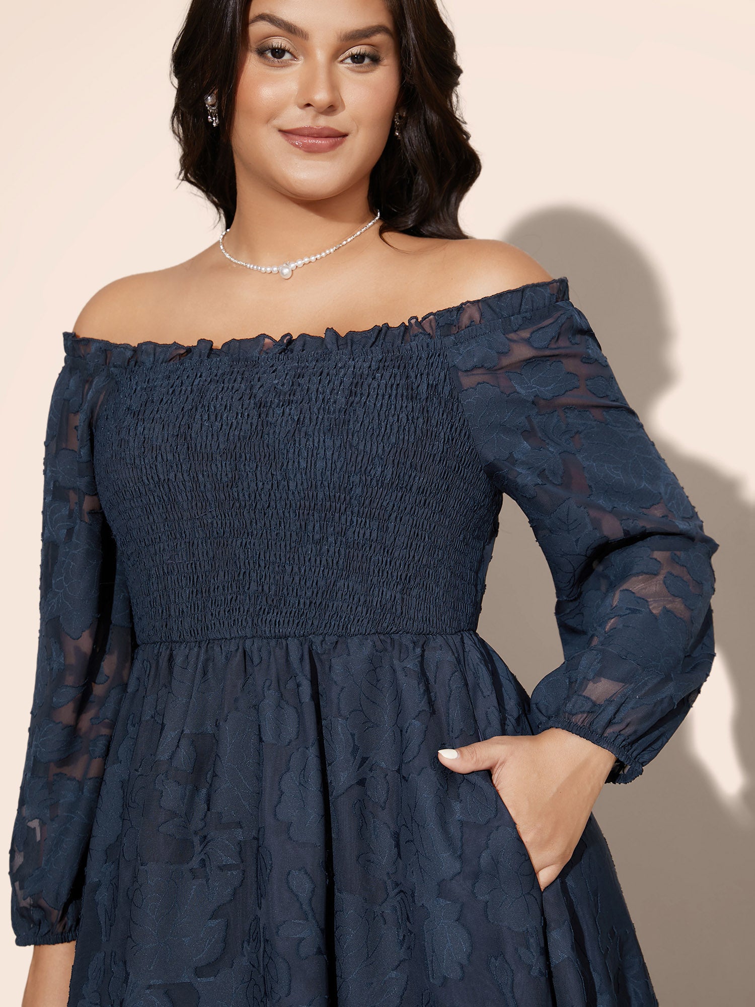 Off Shoulder Shirred Frill Trim Dress