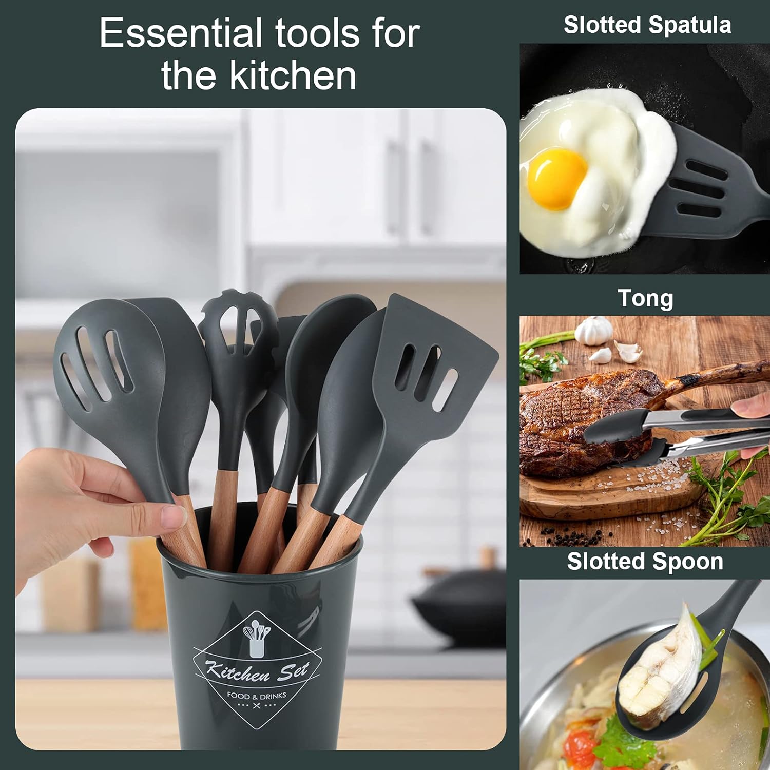 12 Pcs Non - Stick Heat Resistant Kitchen Utensils Spatula Set With Wooden Handle And Storage Cup