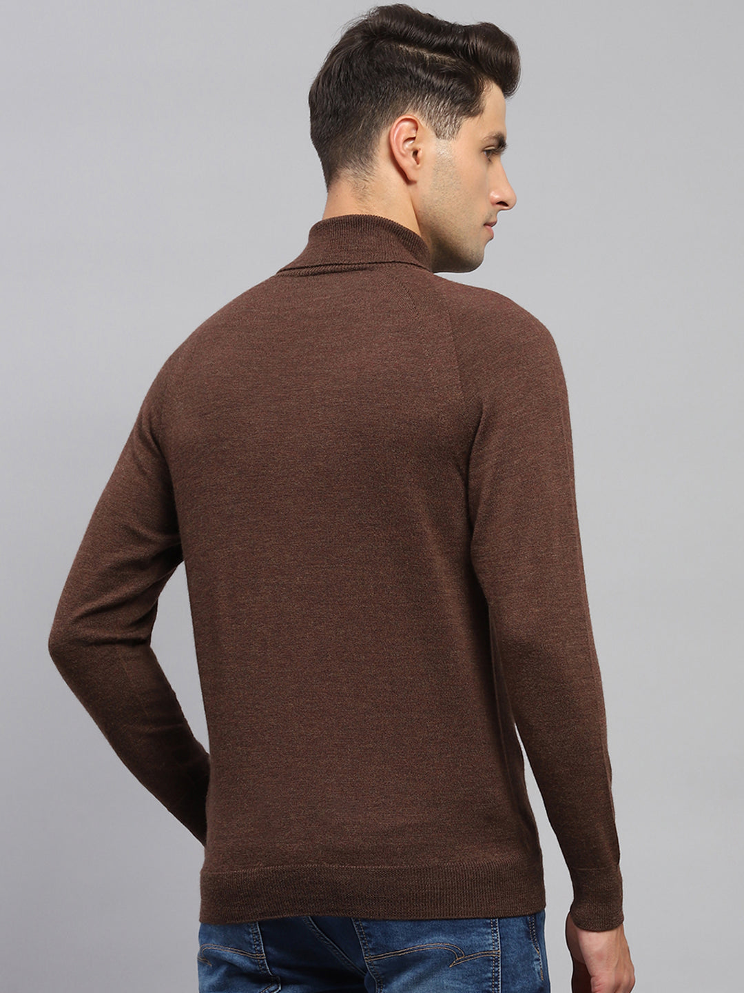 Men Brown Solid Turtle Neck Full Sleeve Pullover