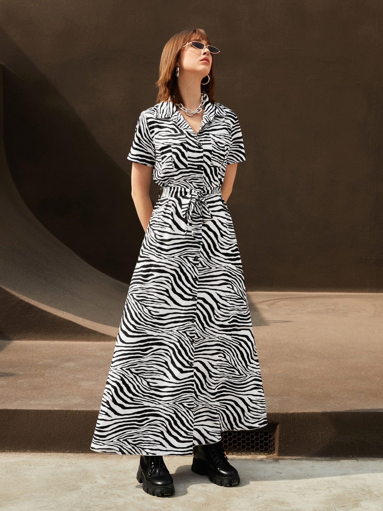 Zebra Stripe Belted Shirt Dress( Clearance sale