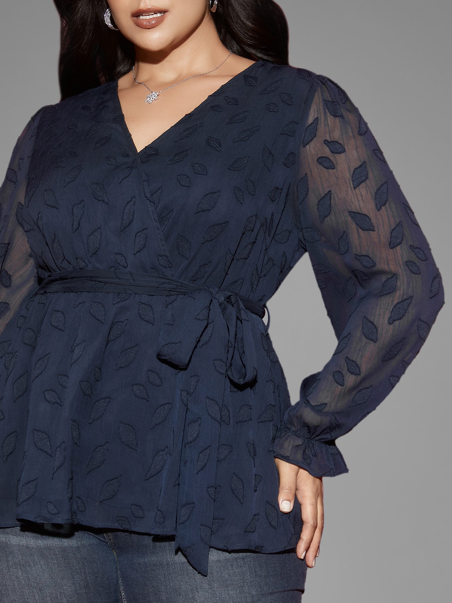 Burn-out Fabric Surplice Neckline Shirt