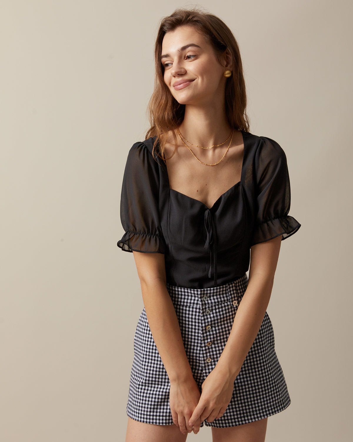 The Black Sweetheart Neck Puff Sleeve Sheer Blouse